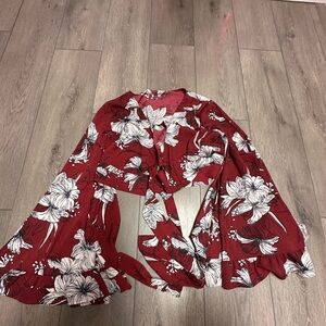 SHEIN Red Floral Blouse with Flowing Sleeves